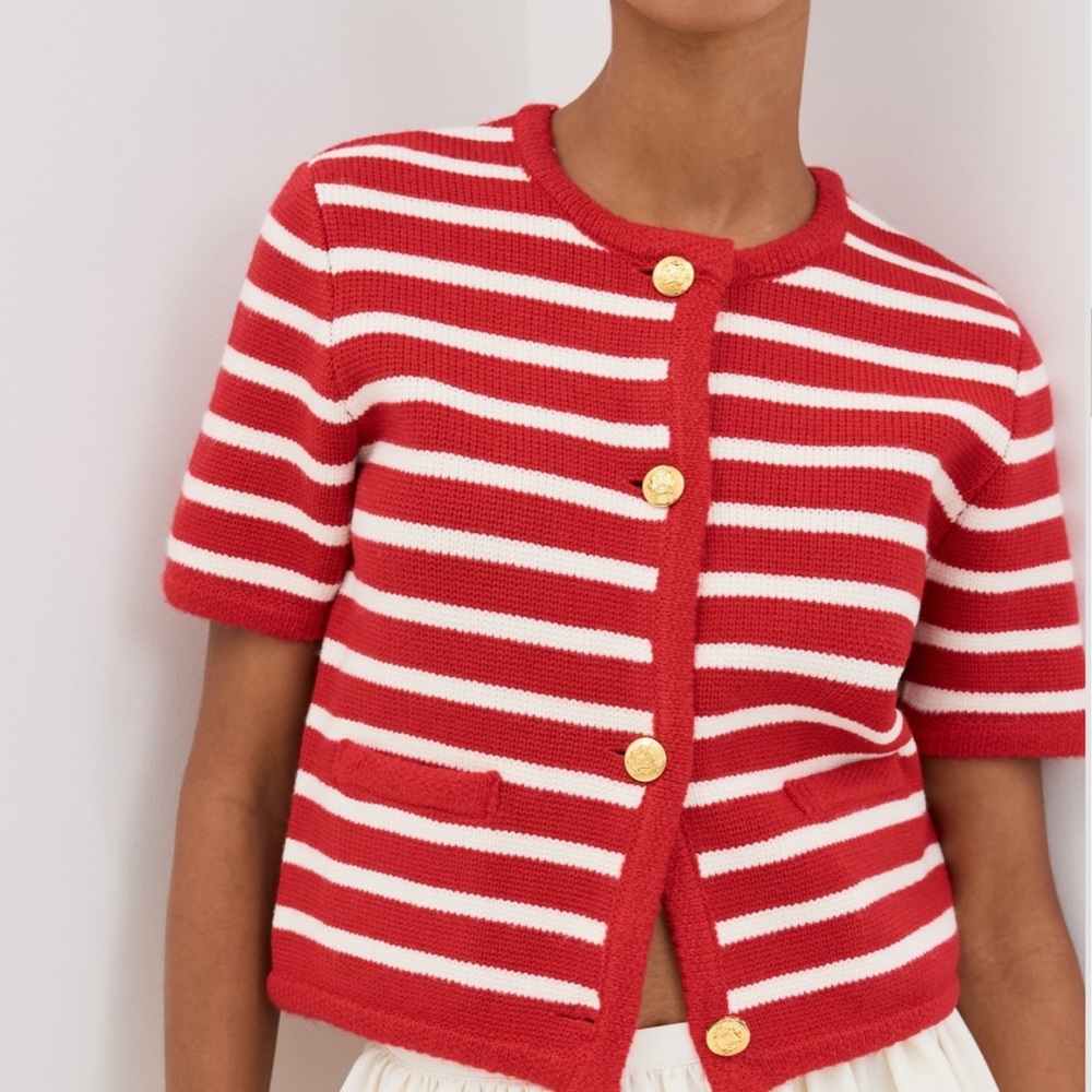 English Factory Red and White Striped Cardigan with Gold Buttons